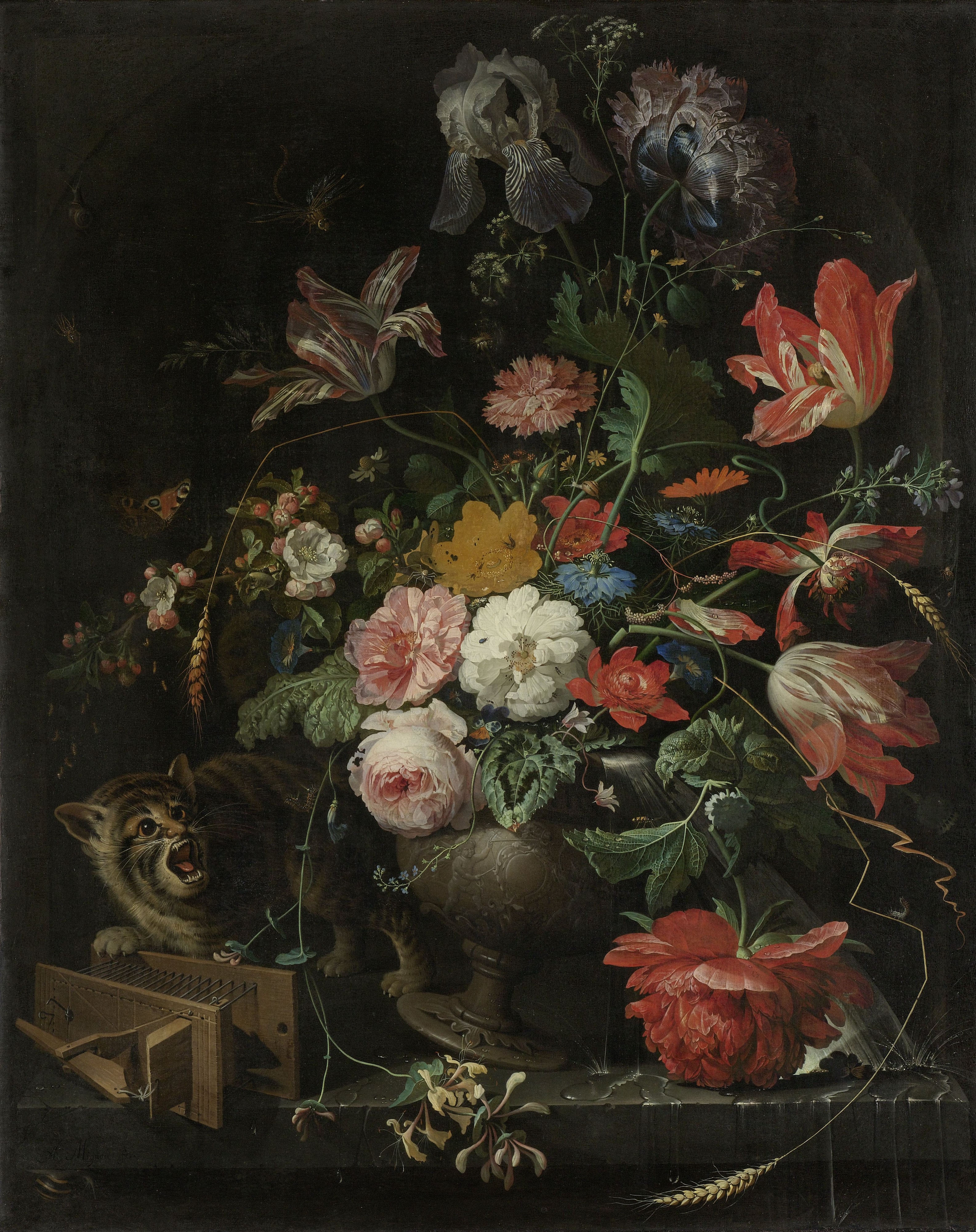 Flower still life with cat and mouse trap . by Abraham Mignon