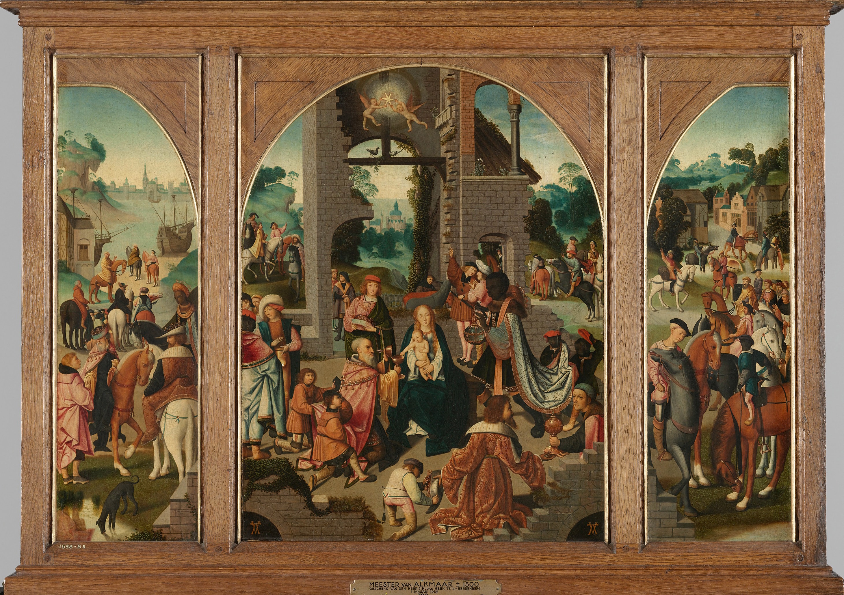 Drieluik met de aanbidding der koningen (middenpaneel en binnenzijde vleugels), de heilige Antonius Abt (buitenzijde linkervleugel) en de heilige Adrianus (buitenzijde rechtervleugel) by Anonymous Unknown author Meester van Alkmaar Meester van Alkmaar