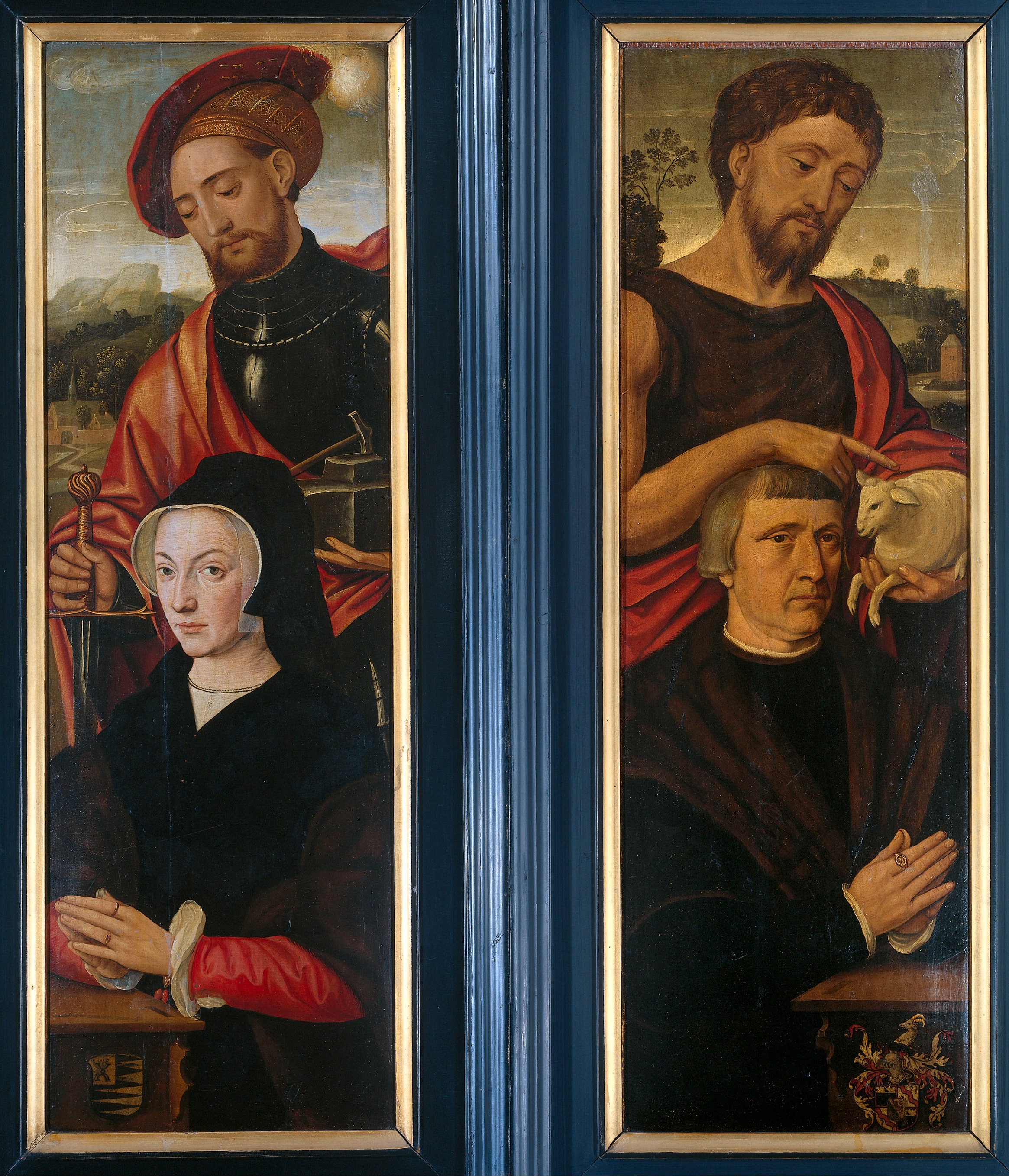 Twee vleugels van een drieluik, met de portretten van een man en een vrouw, respectievelijk vergezeld van Johannes de Doper en de heilige Adrianus by Anonymous Unknown author
