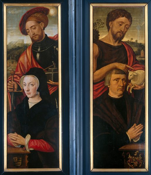 Twee vleugels van een drieluik, met de portretten van een man en een vrouw, respectievelijk vergezeld van Johannes de Doper en de heilige Adrianus by Anonymous Unknown author