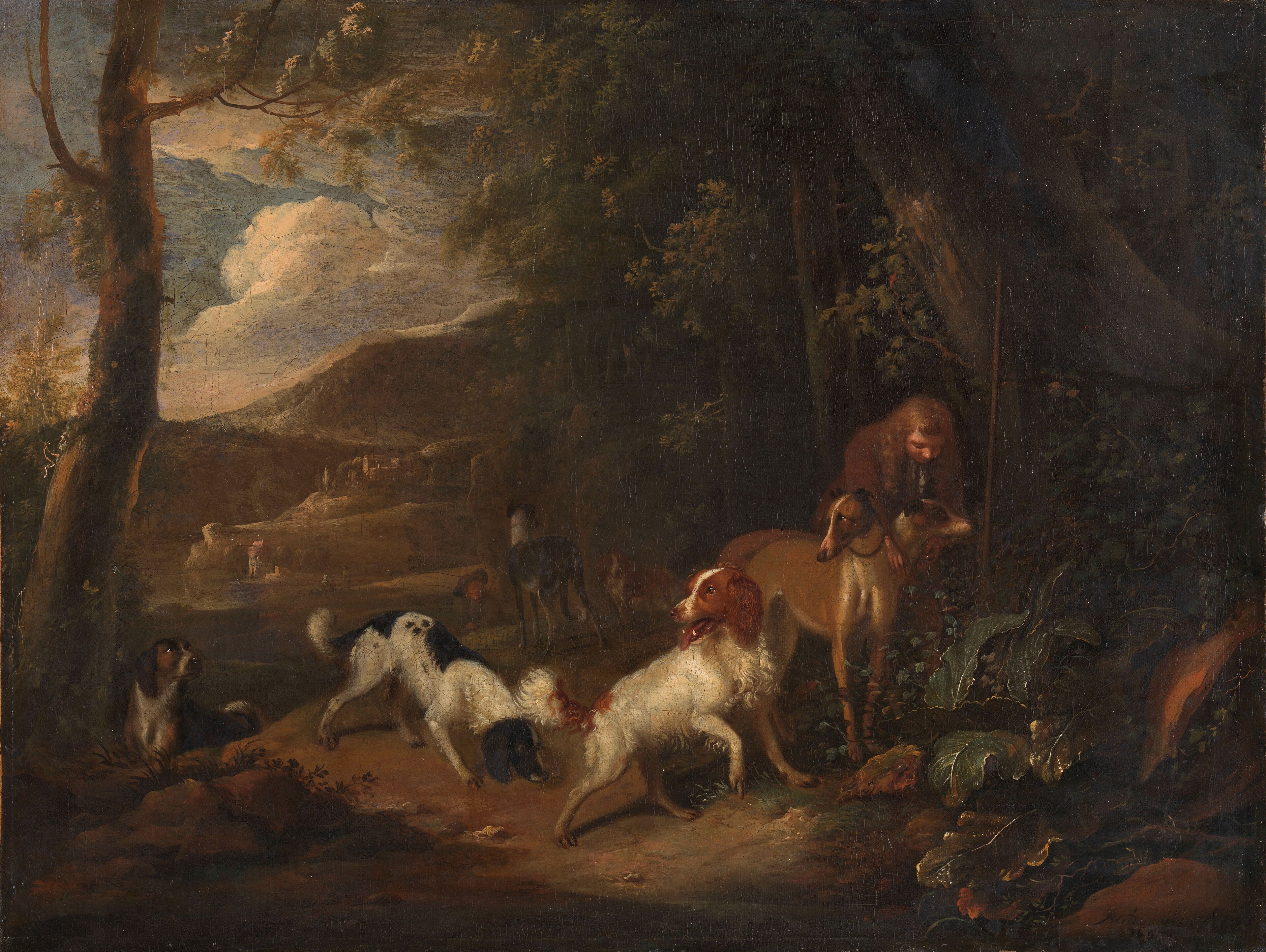 Jager met honden aan bosrand by Adriaen Cornelisz Beeldemaker