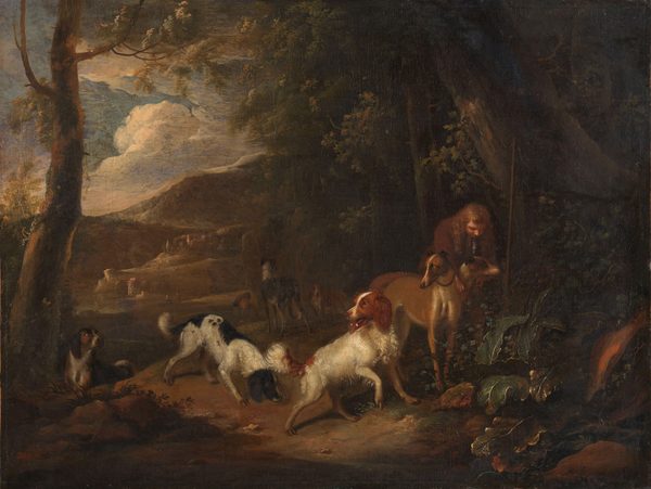 Jager met honden aan bosrand by Adriaen Cornelisz Beeldemaker
