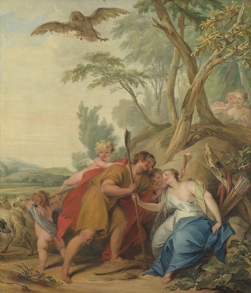 Jupiter, vermomd als herder, verleidt Mnemosyne, godin van het geheugen by Jacob de Wit