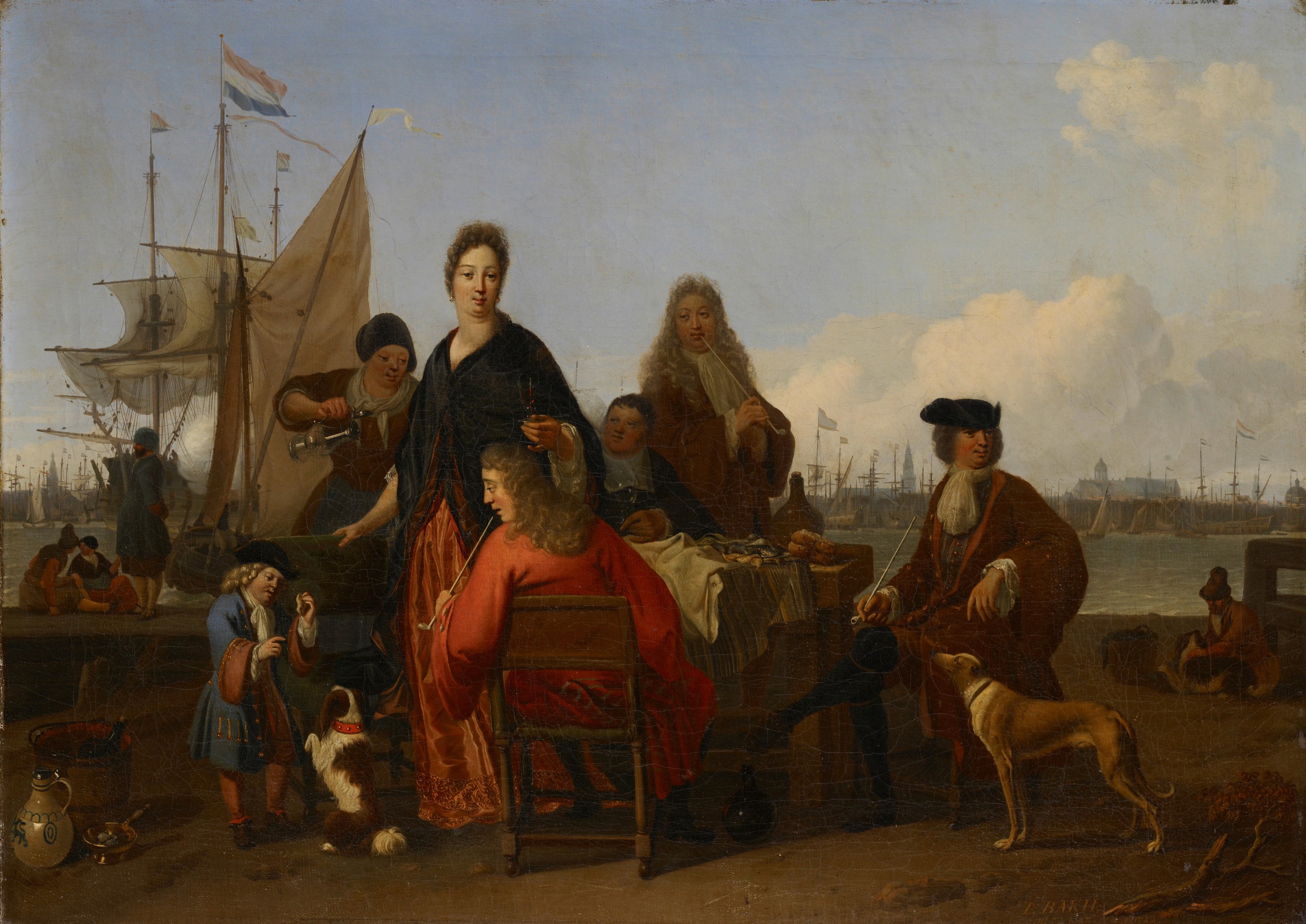 The Bakhuysen and de Hooghe Families dining at the Mosselsteiger (Mussel Pier) on the Y, Amsterdam by Ludolf Bakhuizen