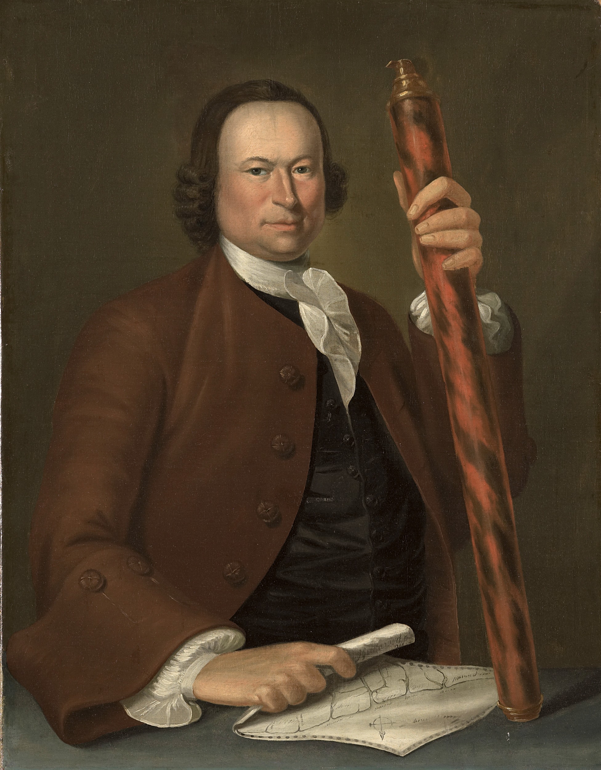 Portret van een officier ter zee met een kustkaart en een verrekijker in de hand by John Greenwood