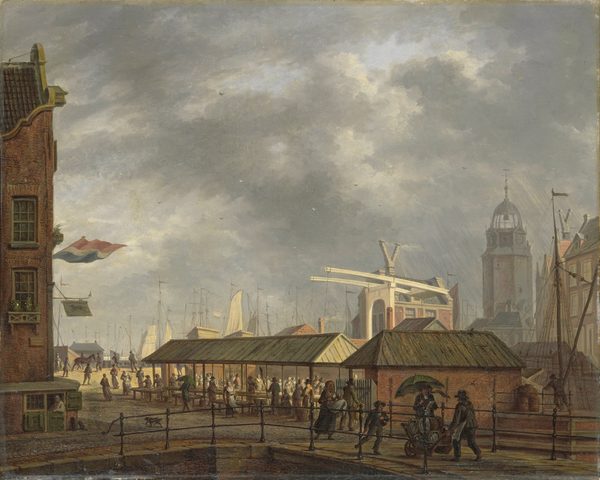 De kleine vismarkt op de hoek van de Brouwersgracht en het Singel te Amsterdam by Johannes Jelgerhuis