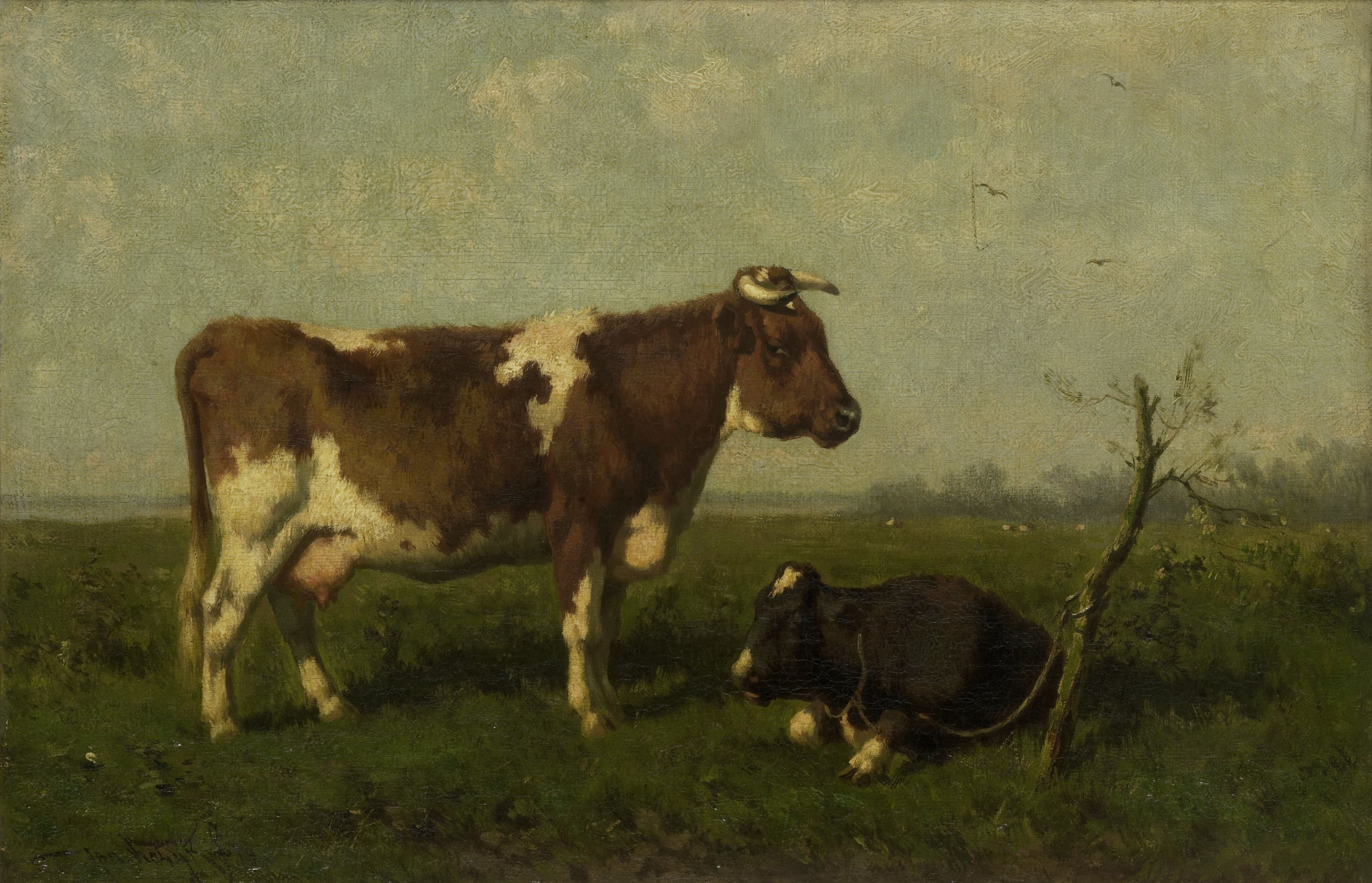 Een koe met haar kalf in een weide by Jan Vrolijk