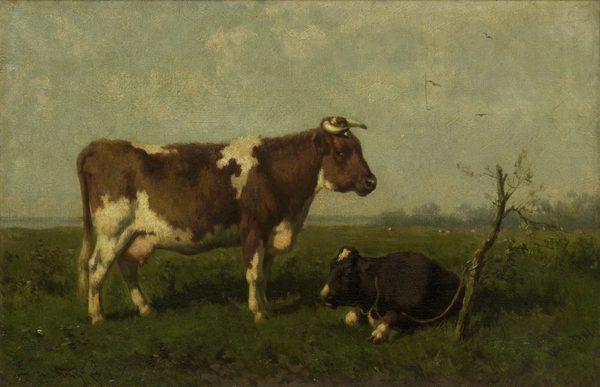 Een koe met haar kalf in een weide by Jan Vrolijk