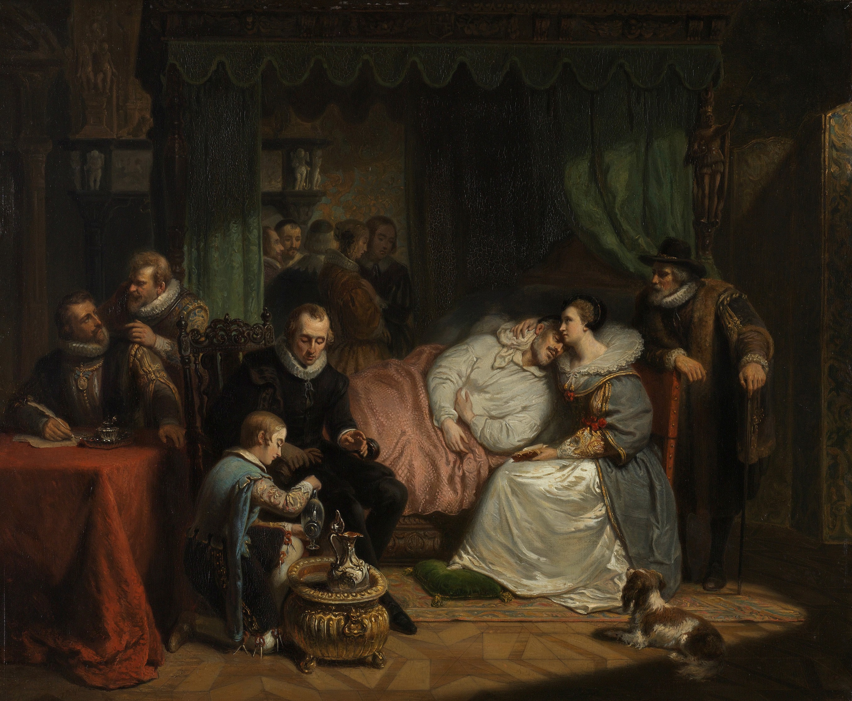 Prins Willem I, na de mislukte moordaanslag door Jean Jauregui in 1582, verpleegd door Charlotte de Bourbon by Nicolaas Pieneman