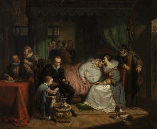 Prins Willem I, na de mislukte moordaanslag door Jean Jauregui in 1582, verpleegd door Charlotte de Bourbon by Nicolaas Pieneman