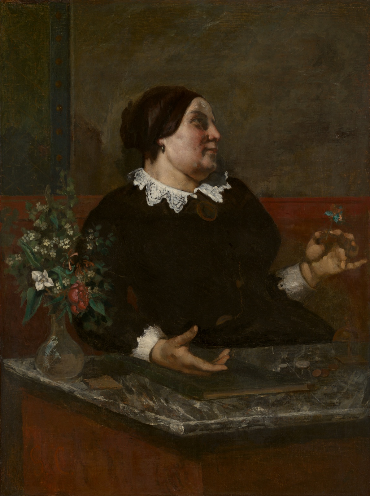 Dark portrait of older woman in black dress with lace collar, flowers.