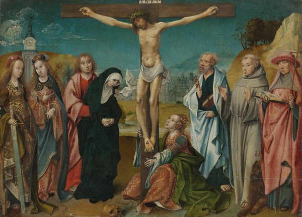 Christ on the Cross, with Mary, John, Mary Magdalene and Sts Cecilia and Barbara (left) and Peter, Francis and Jerome (right) by Cornelis Engebrechtsz.