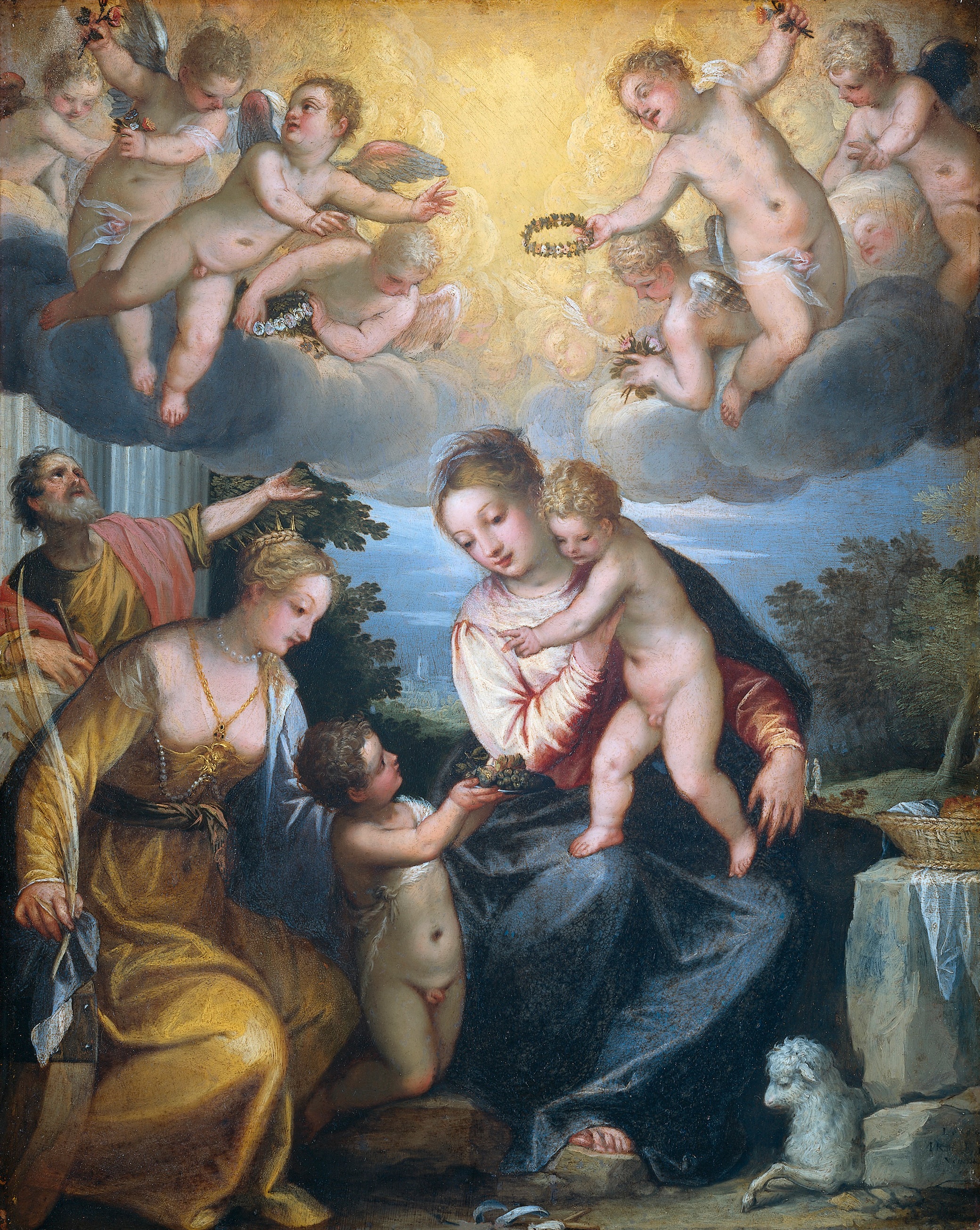 Maria met kind, de kleine Johannes en de heilige Catharina by Hans Rottenhammer