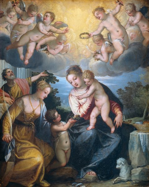 Maria met kind, de kleine Johannes en de heilige Catharina by Hans Rottenhammer