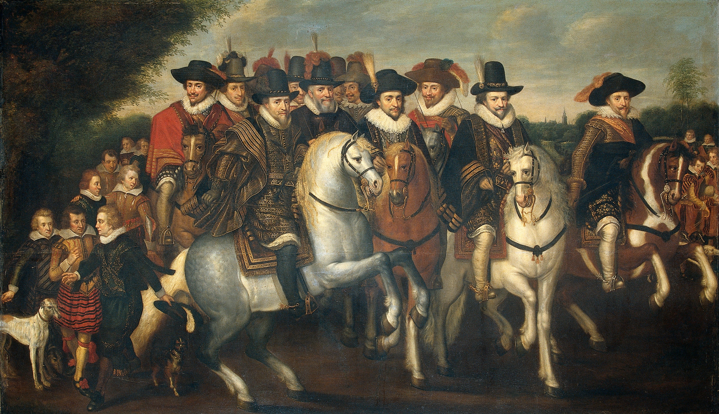 Dutch: Prins Maurits vergezeld door zijn twee broeders, Frederik V, keurvorst van de Palts en enkele graven van Nassau te paard by Anonymous Unknown author