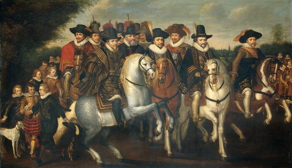 Dutch: Prins Maurits vergezeld door zijn twee broeders, Frederik V, keurvorst van de Palts en enkele graven van Nassau te paard by Anonymous Unknown author