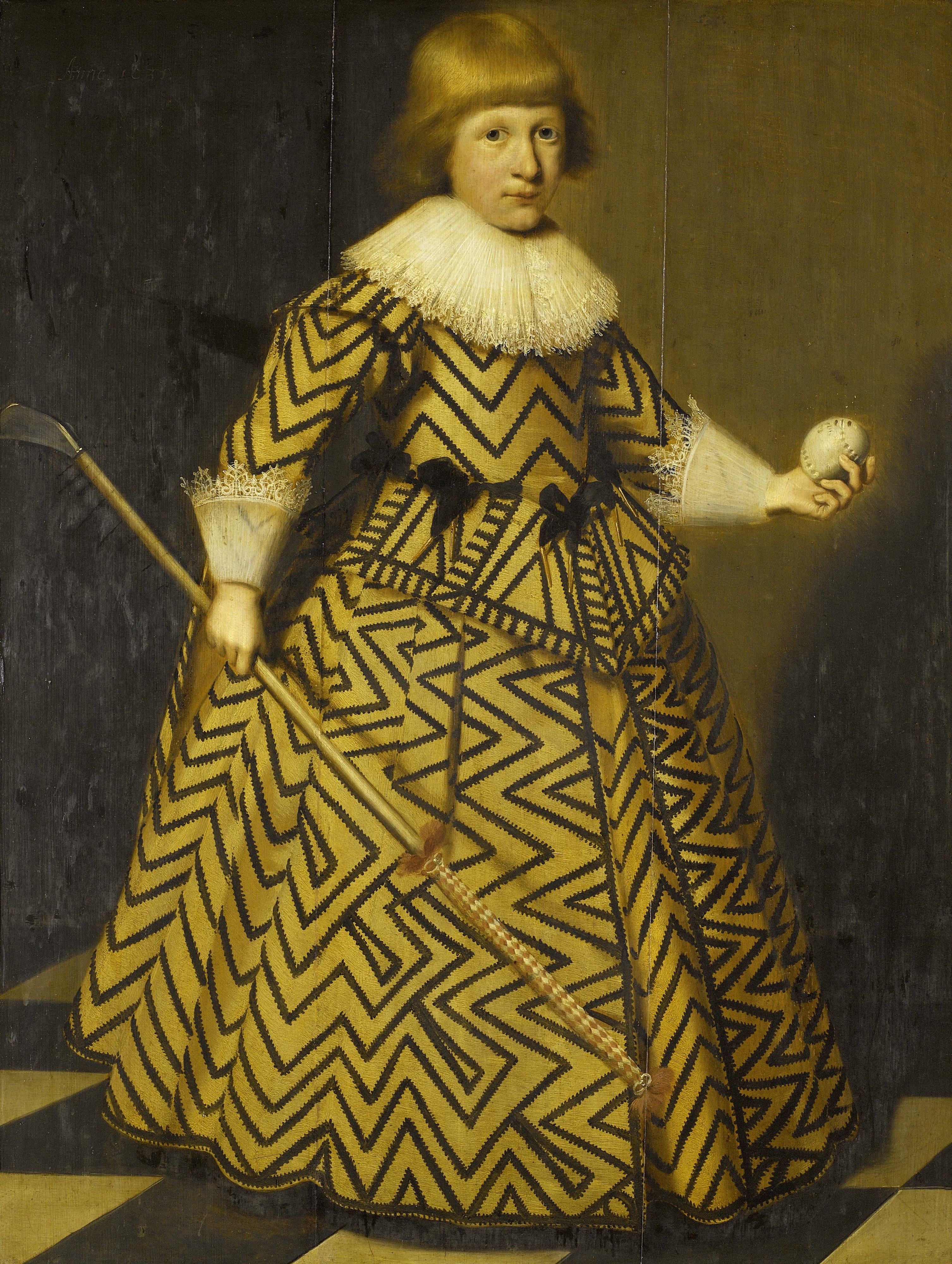 Portret van een jongen met kolfstok by Wybrand de Geest