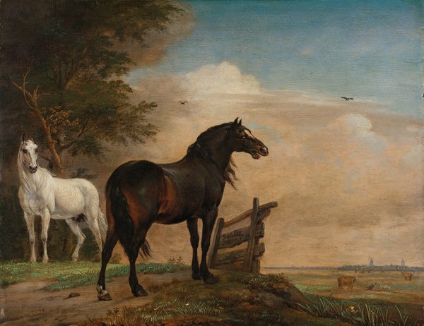 Twee paarden in de wei bij een hek by Paulus Potter