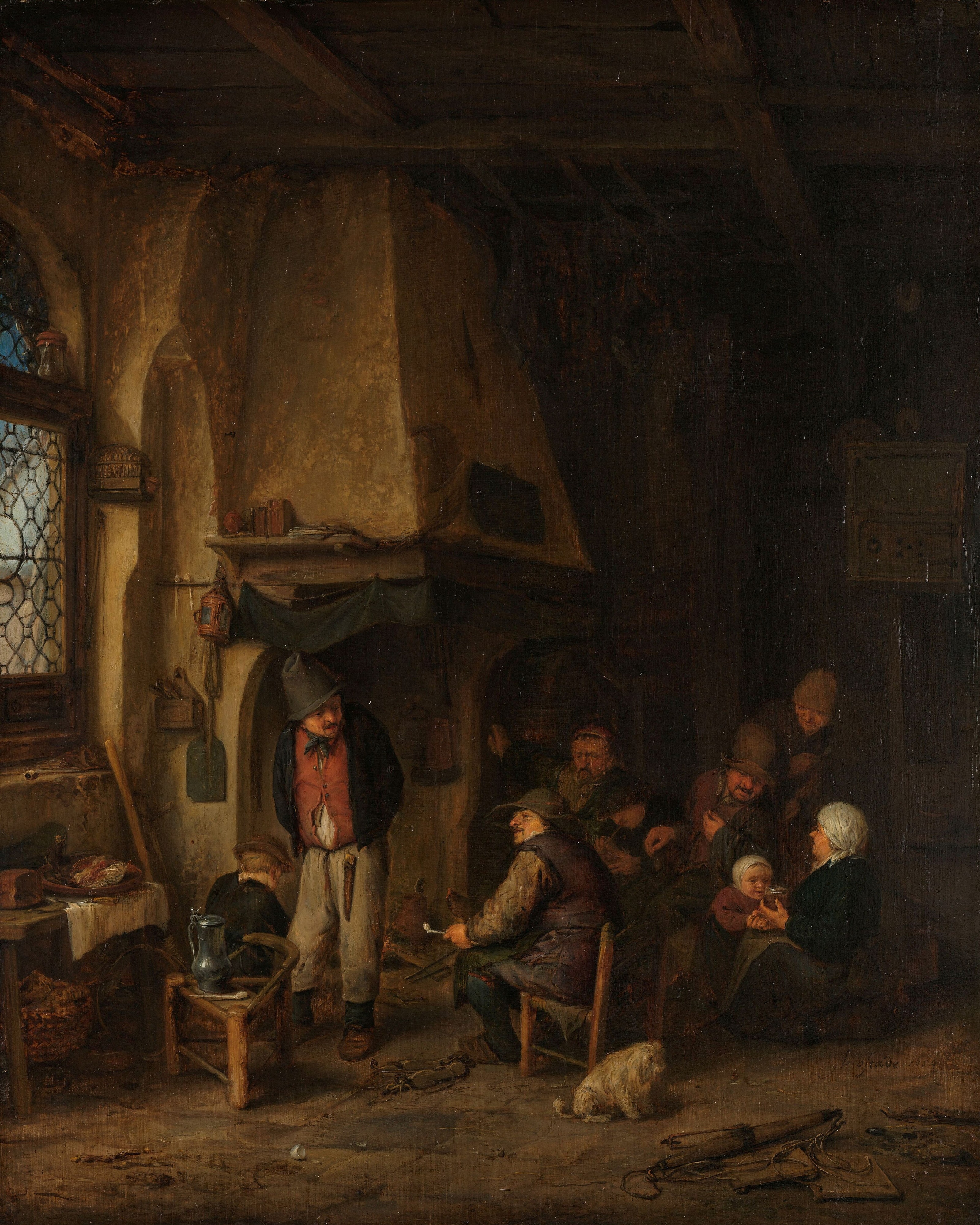 ‘De schaatsenrijders’: boerengezelschap in interieur by Adriaen van Ostade