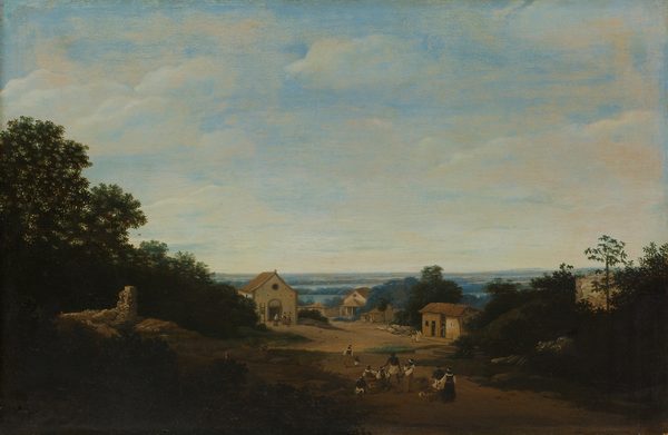 Braziliaans landschap met het dorp Igaraçú. Links de Cosmas en Damianuskerk by Frans Post