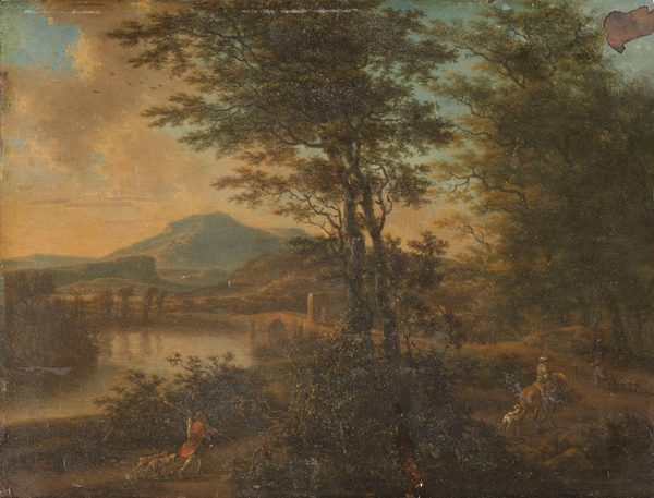 Italiaans landschap bij zonsondergang by Willem de Heusch