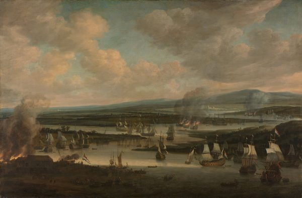 Het verbranden van de Engelse vloot bij Chatham, juni 1667, tijdens de Tweede Engelse Zeeoorlog (1665-1667) by Willem Schellinks