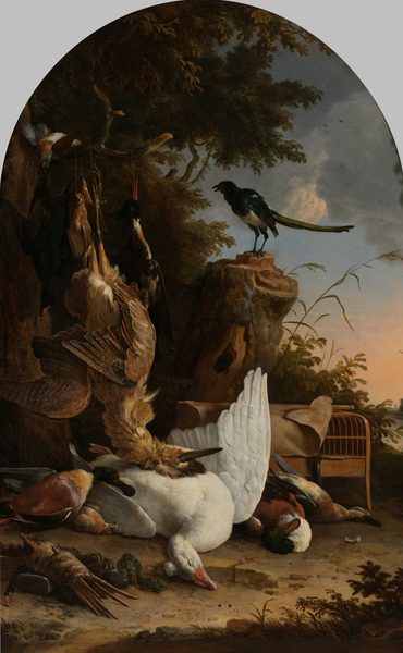 Jachtbuit bij een ekster op een boomstronk, bekend als ‘De filosoferende ekster’ by Melchior d' Hondecoeter
