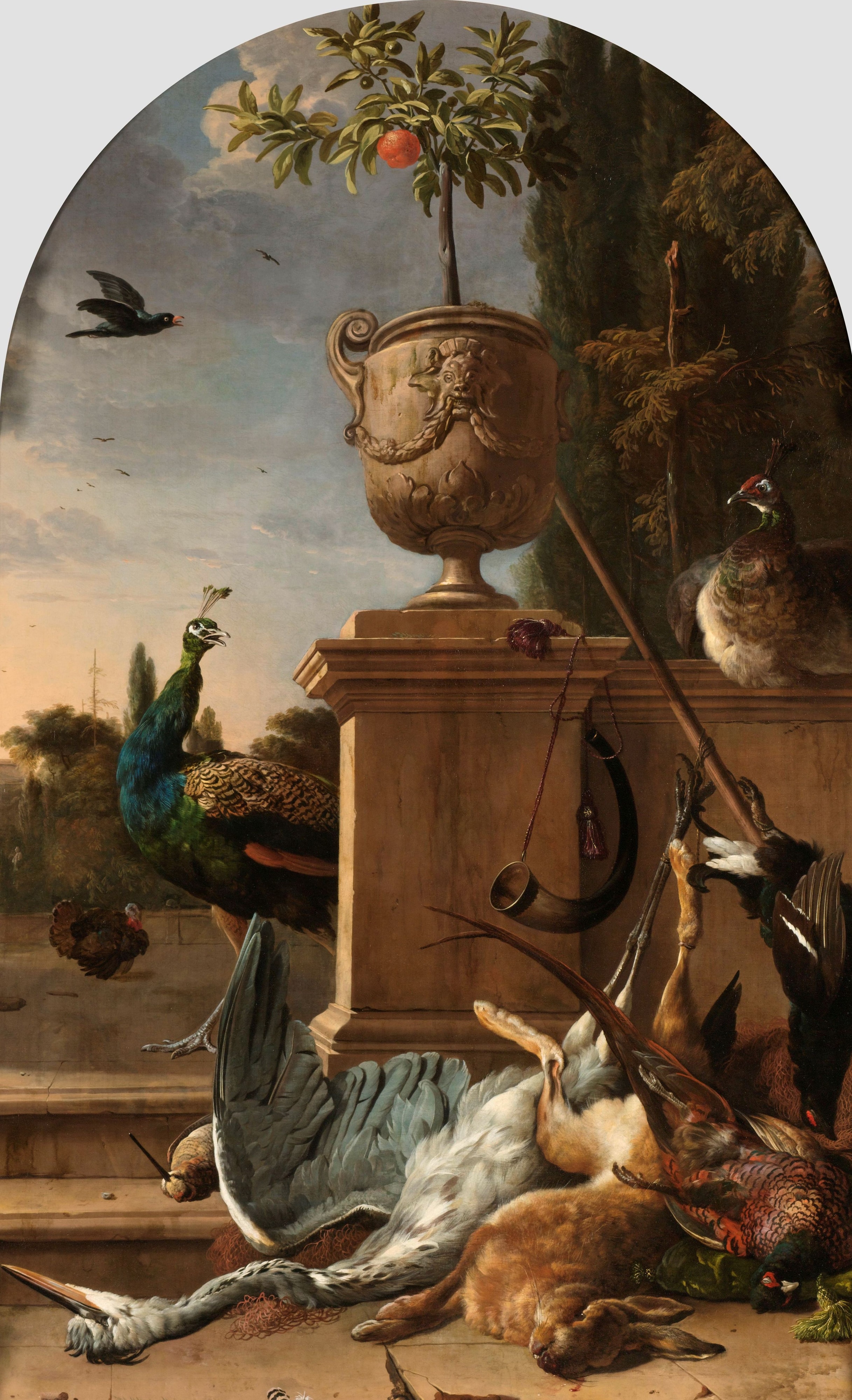 Jachtbuit bij een bordes by Melchior d' Hondecoeter