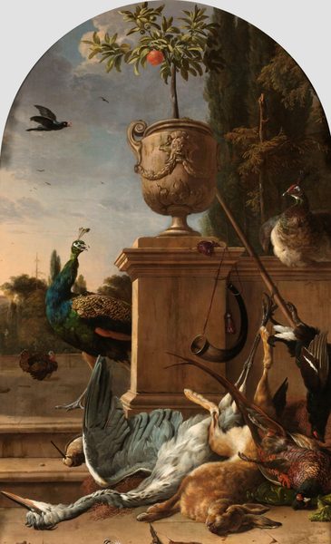 Jachtbuit bij een bordes by Melchior d' Hondecoeter