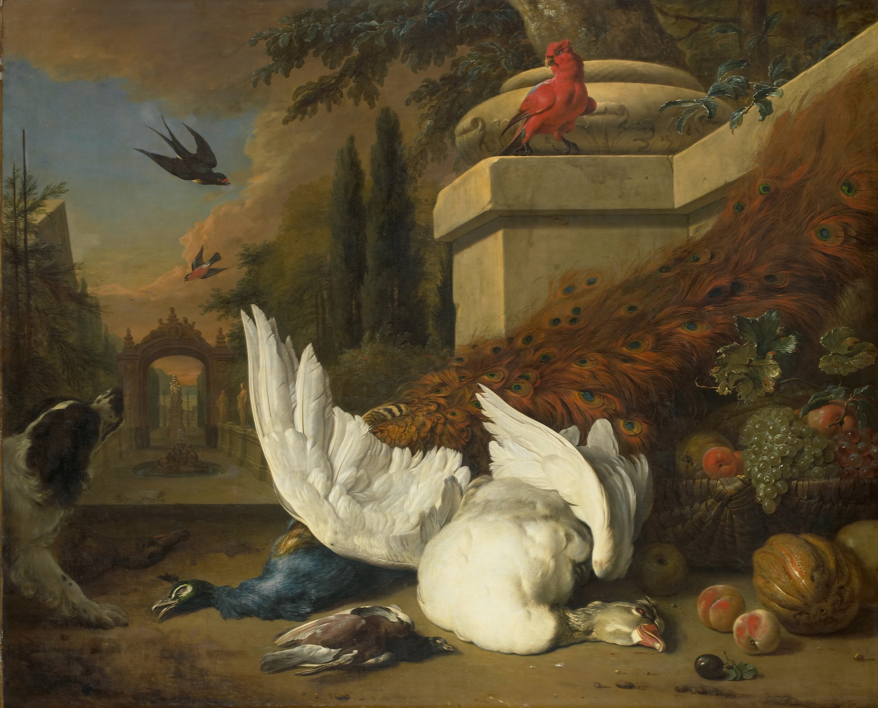 Een hond bij een dode gans en een pauw by Jan Weenix