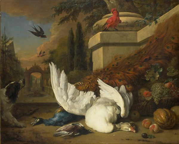 Een hond bij een dode gans en een pauw by Jan Weenix