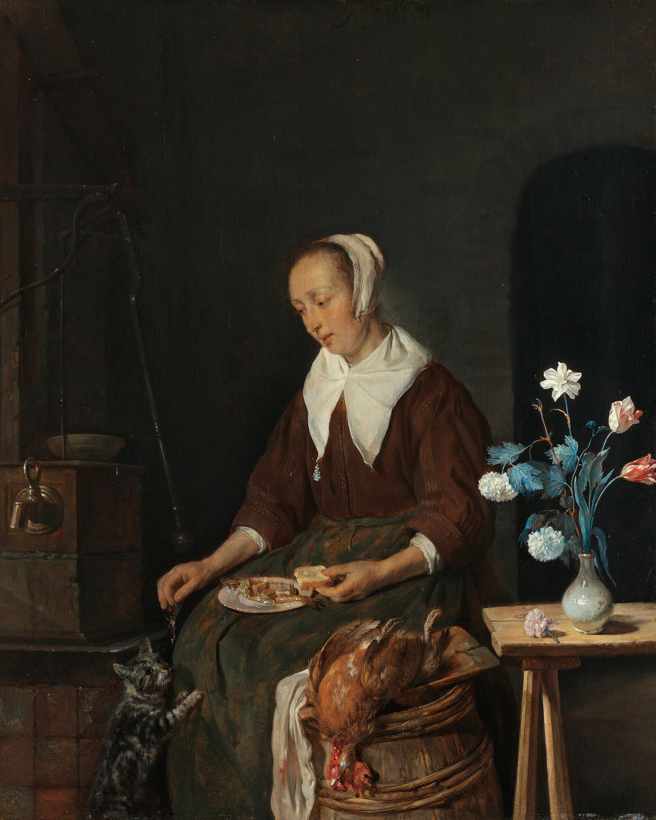 Vrouw aan de maaltijd, bekend als ‘Het ontbijt van de kat’ by Gabriël Metsu