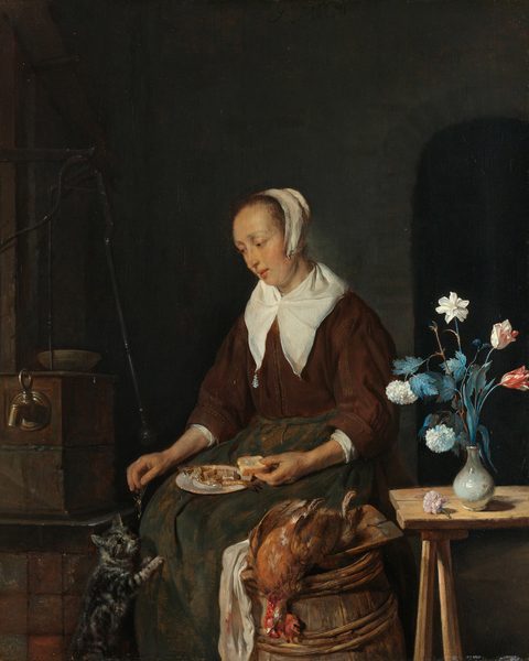 Vrouw aan de maaltijd, bekend als ‘Het ontbijt van de kat’ by Gabriël Metsu