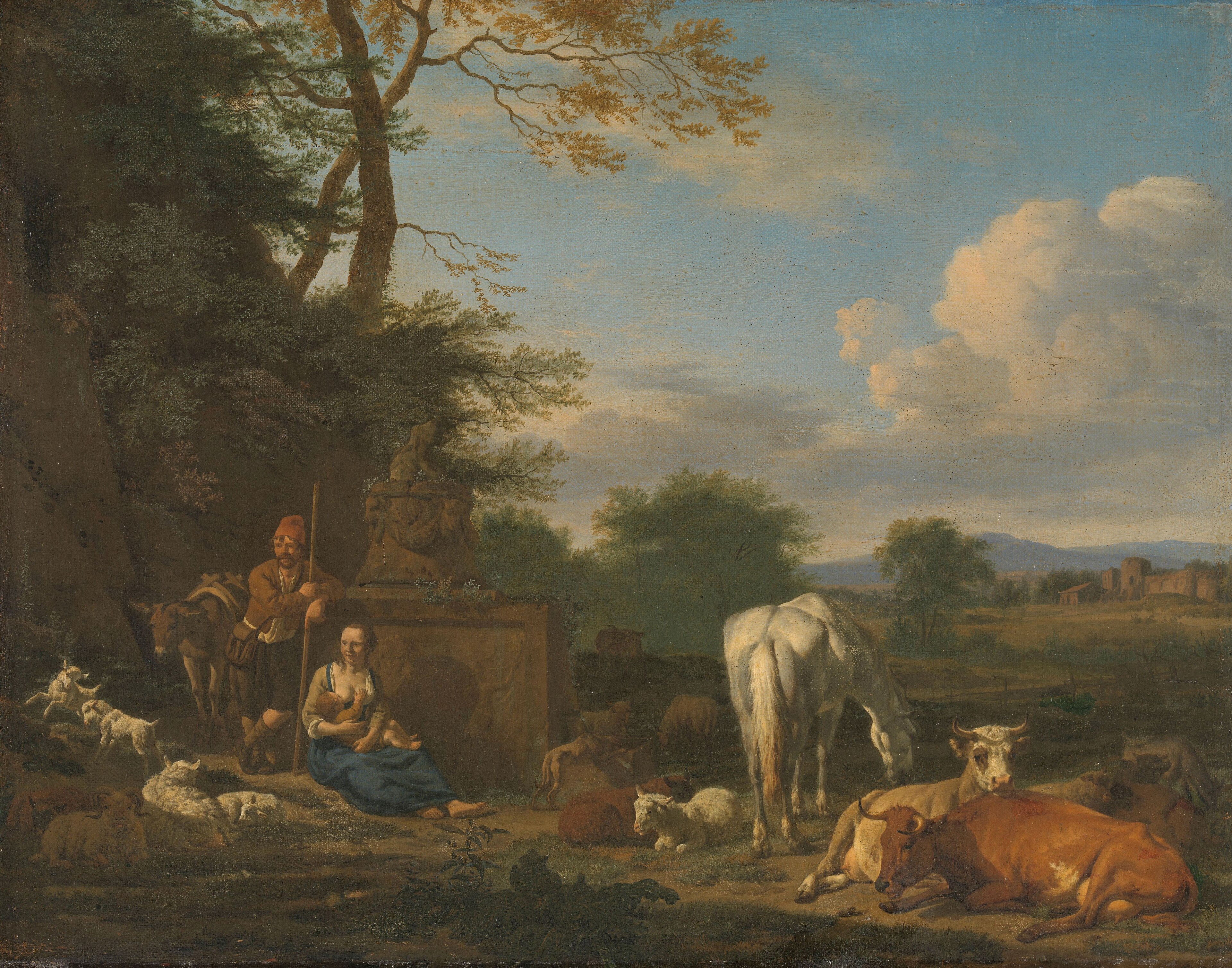 Arcadian landscape with resting herdsmen and cattle by Adriaen van de Velde
