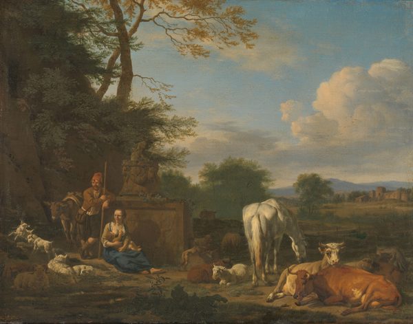 Arcadian landscape with resting herdsmen and cattle by Adriaen van de Velde