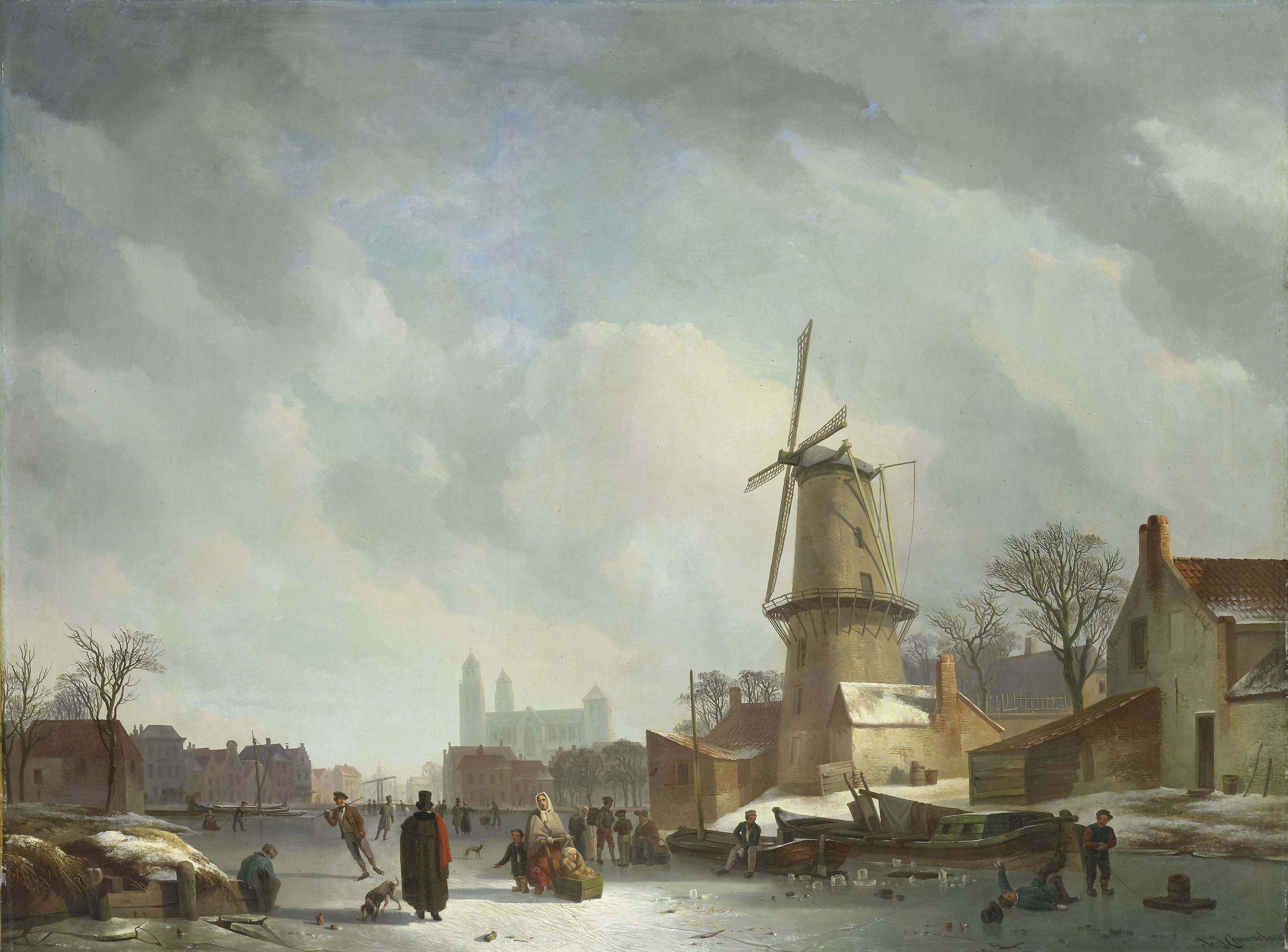 IJsvermaak op een stadsgracht by Abraham Johannes Couwenberg