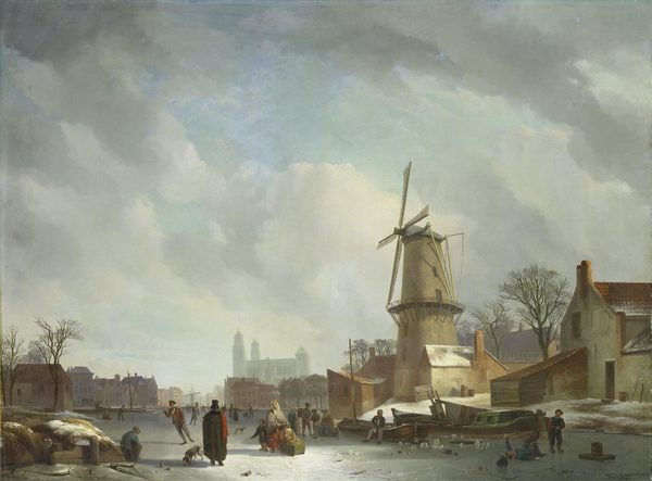 IJsvermaak op een stadsgracht by Abraham Johannes Couwenberg