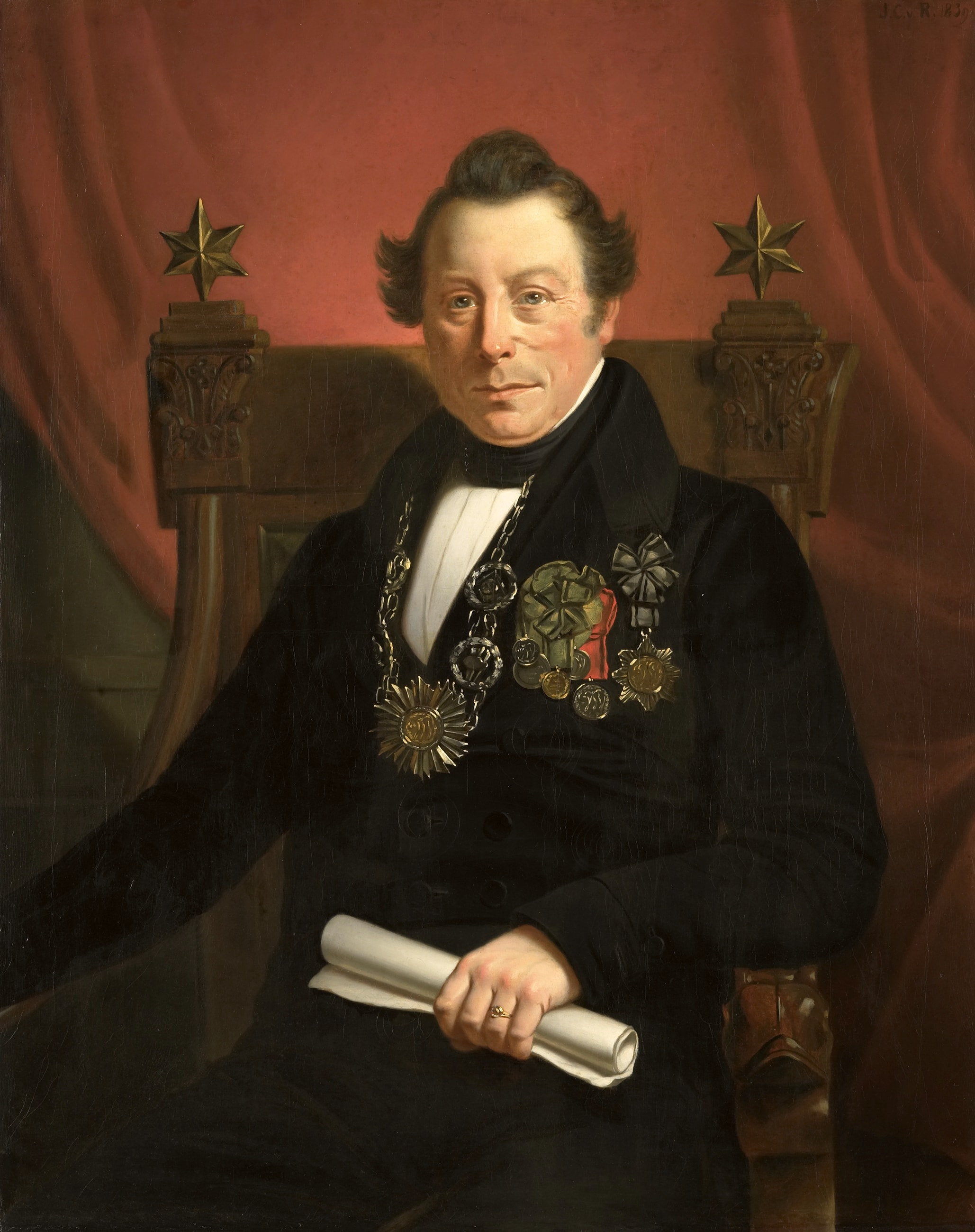 Coenraad van Hulst (1774-1844). Toneelspeler, als president van de kunstbevorderende maatschappij VW te Amsterdam (zo genoemd naar de oprichters Casper Vreedenberg en Jan van Well) by Jan Cornelis van Rossum
