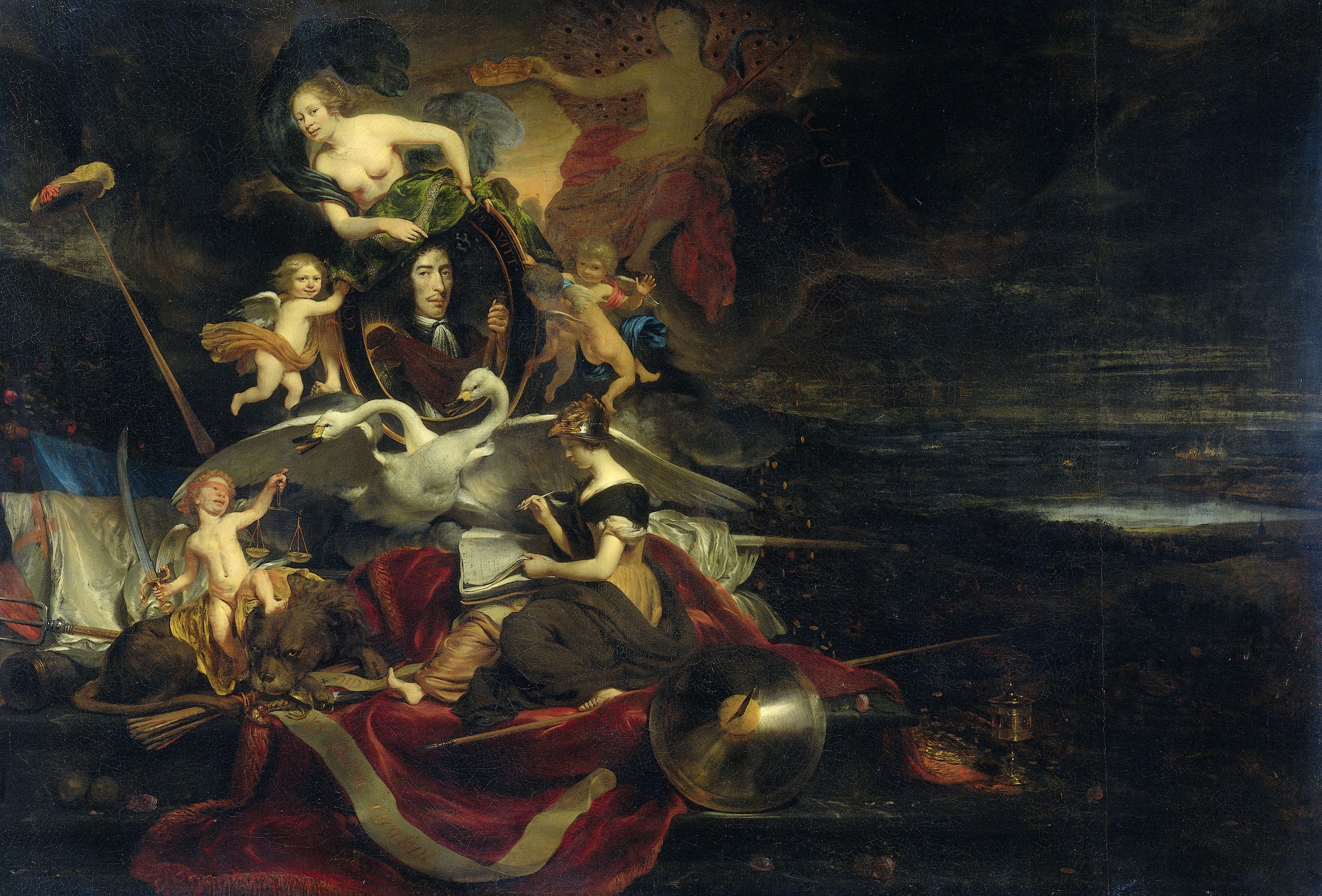 Allegory on the Raid on Chatham (1667), with a Portrait of Cornelis de Witt . by Cornelis Bisschop