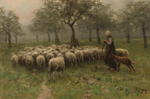 Herderin met kudde schapen by Anton Mauve