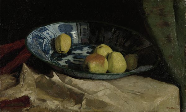 Stilleven met appels op een Delfts blauwe schaal by Willem de Zwart