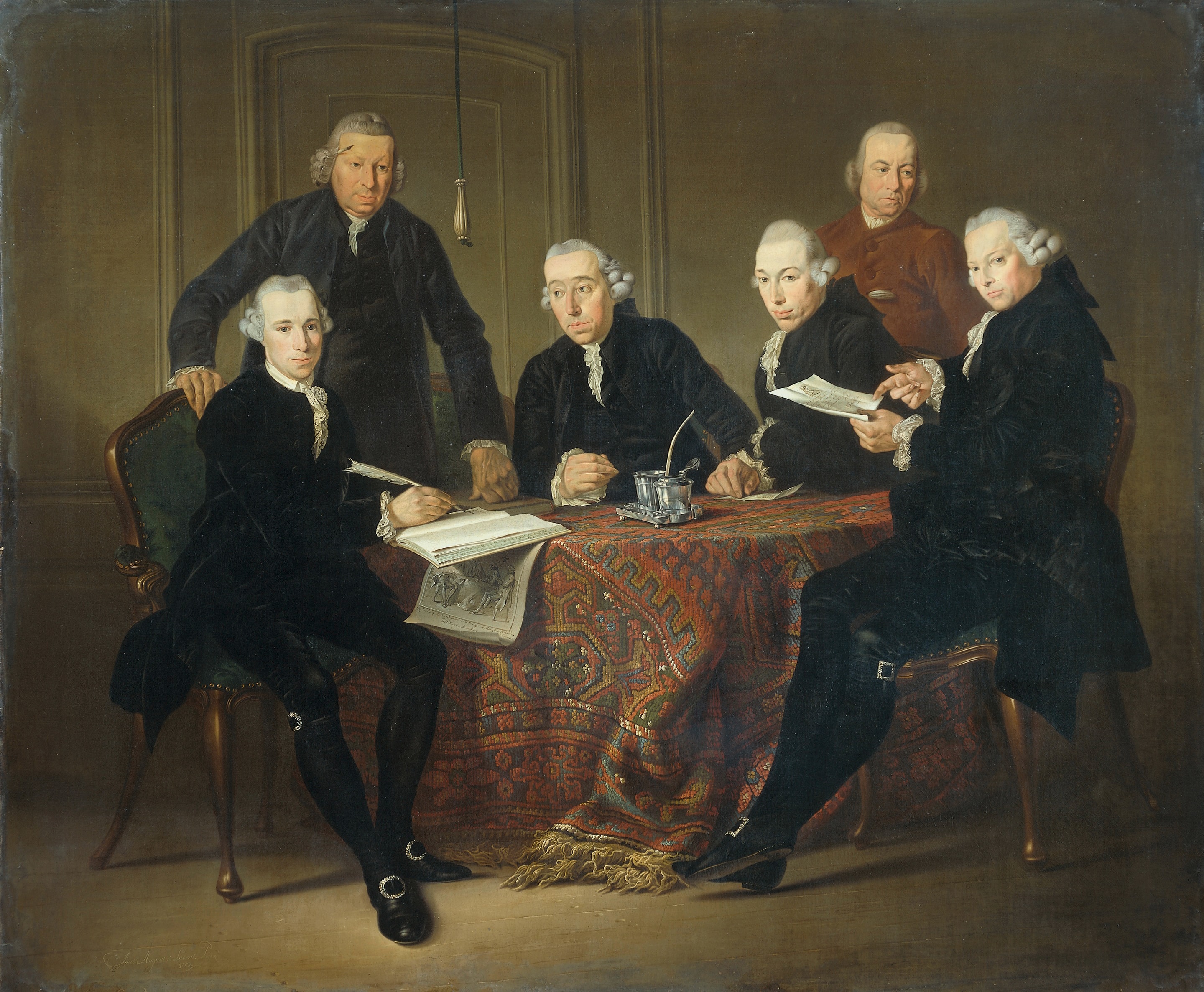 De vier regenten, de secretaris en de binnenvader van het Leprozenhuis te Amsterdam, 1773 by Jacobus Luberti Augustini
