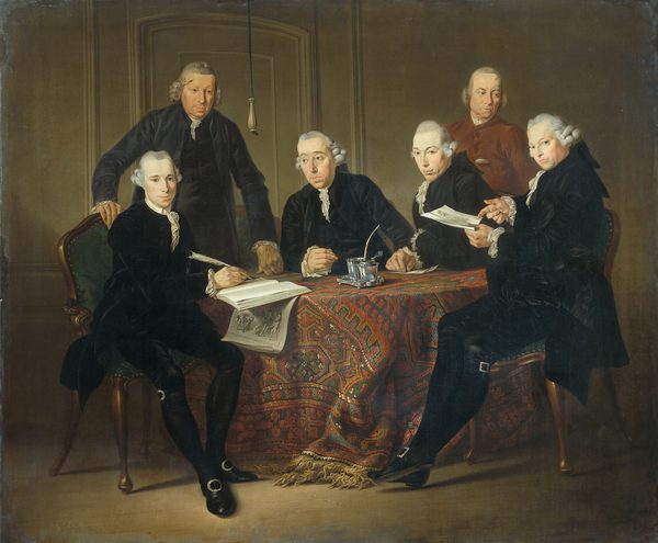 De vier regenten, de secretaris en de binnenvader van het Leprozenhuis te Amsterdam, 1773 by Jacobus Luberti Augustini