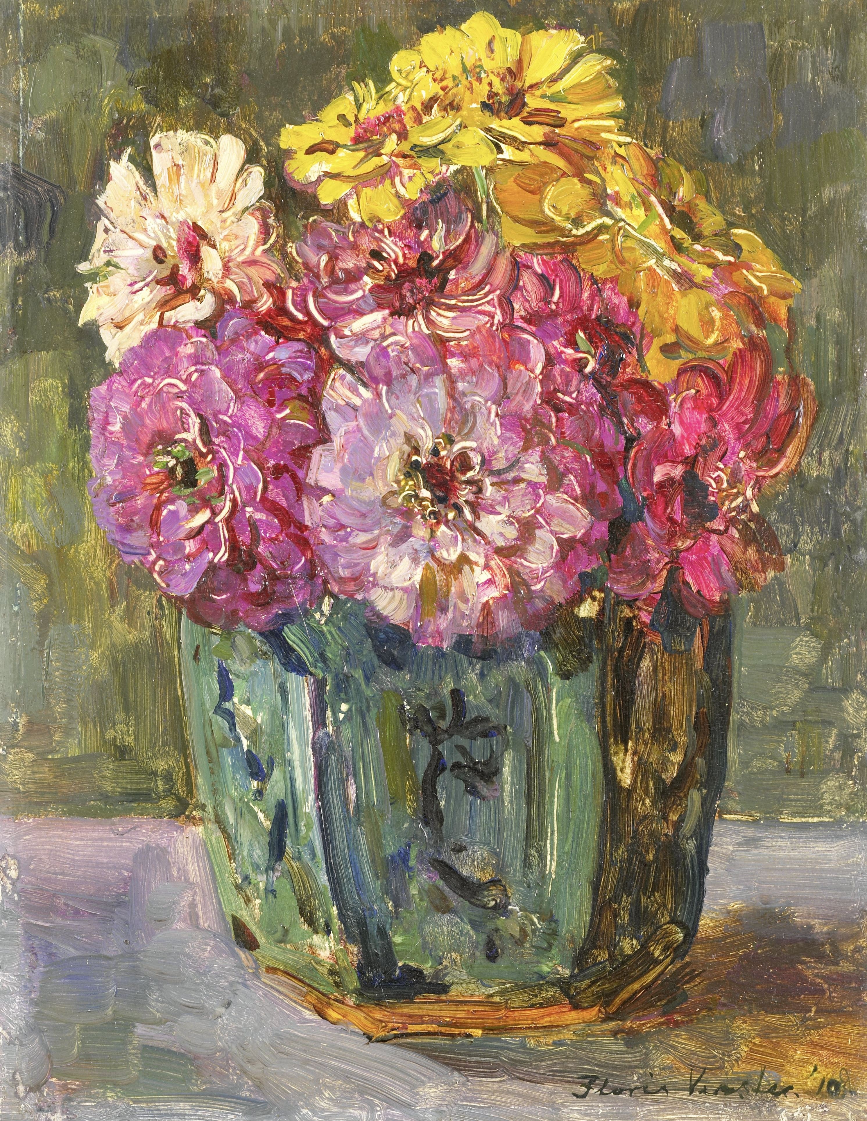 Still Life with Zinnias in a green Jar by Floris Verster