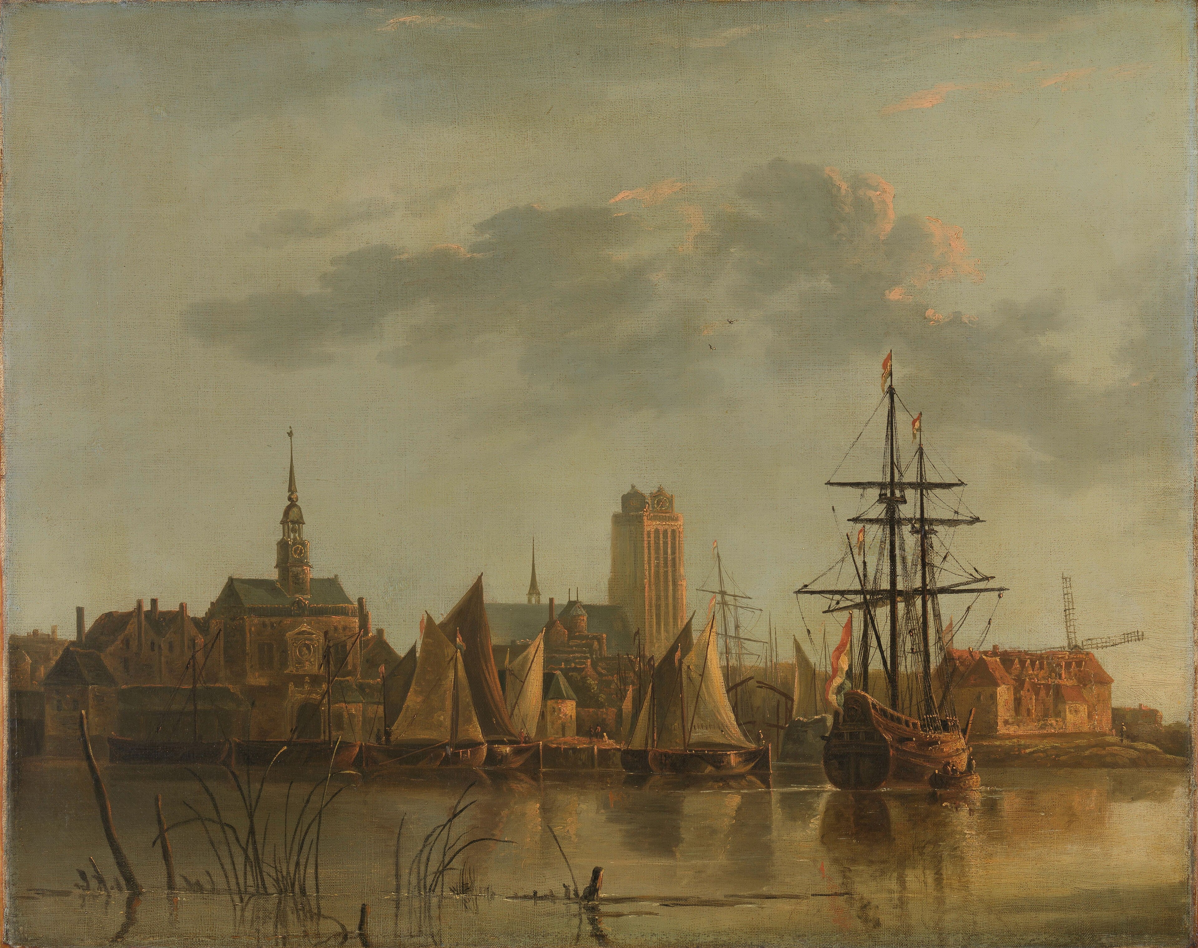 Gezicht op Dordrecht bij zonsondergang by Anonymous Unknown author