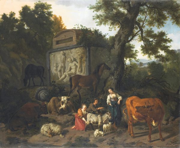 Landschap met herders en vee bij een graftombe. by Dirck van der Bergen