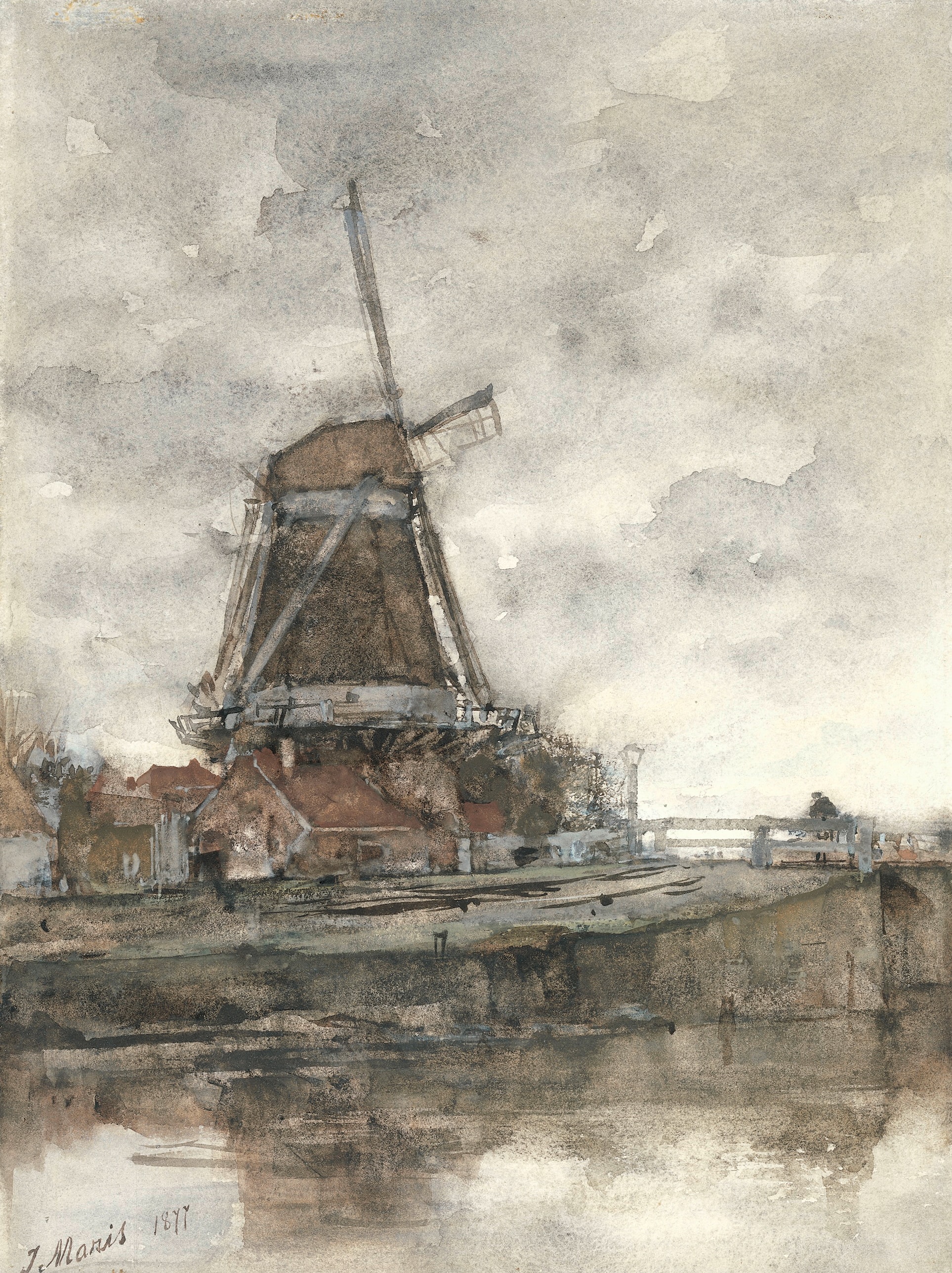 Molen en de brug bij de Noord-West-Buitensingel in Den Haag by Jacob Maris