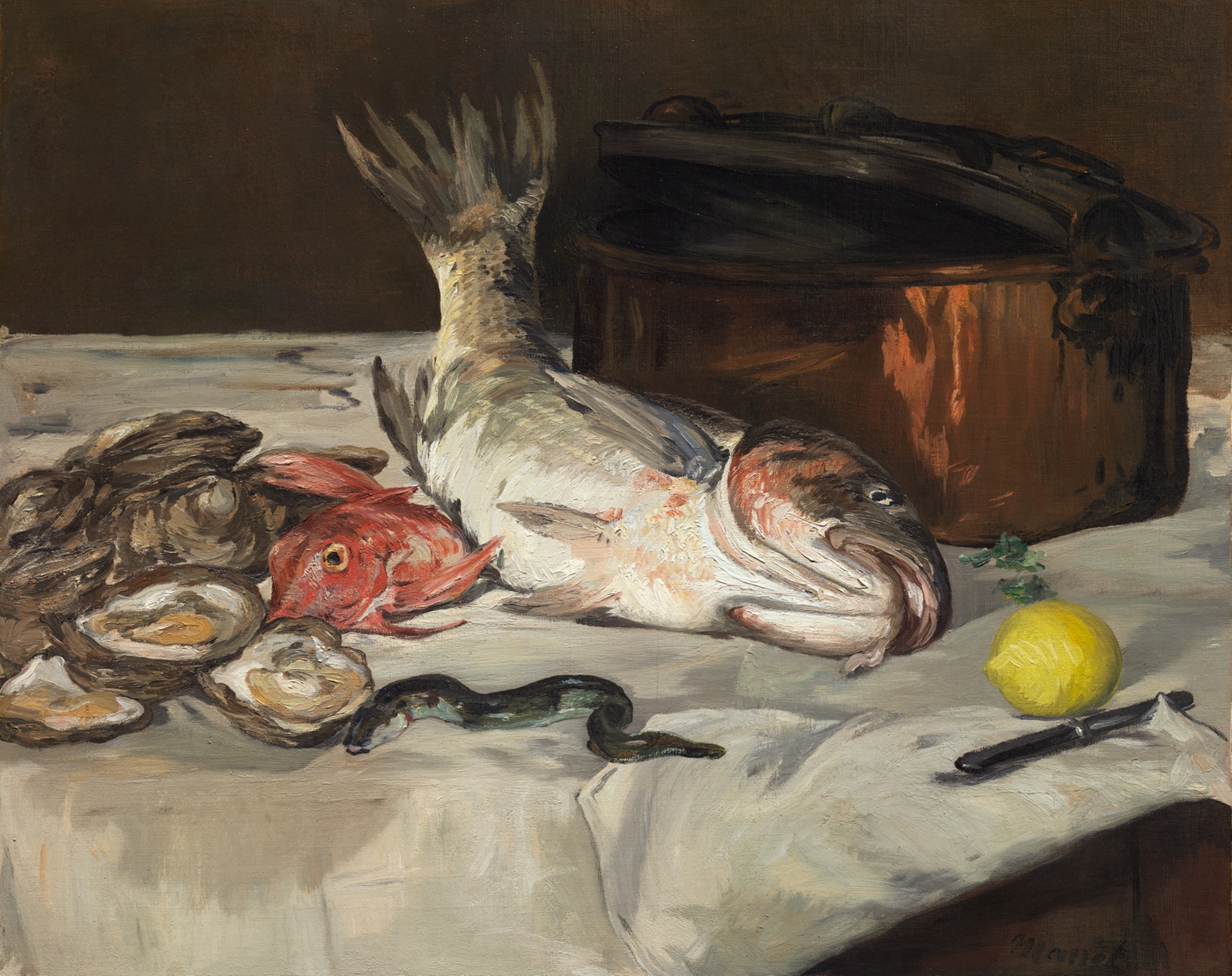 Still-life painting, fish, open oysters, eel, lemon on tablecloth.
