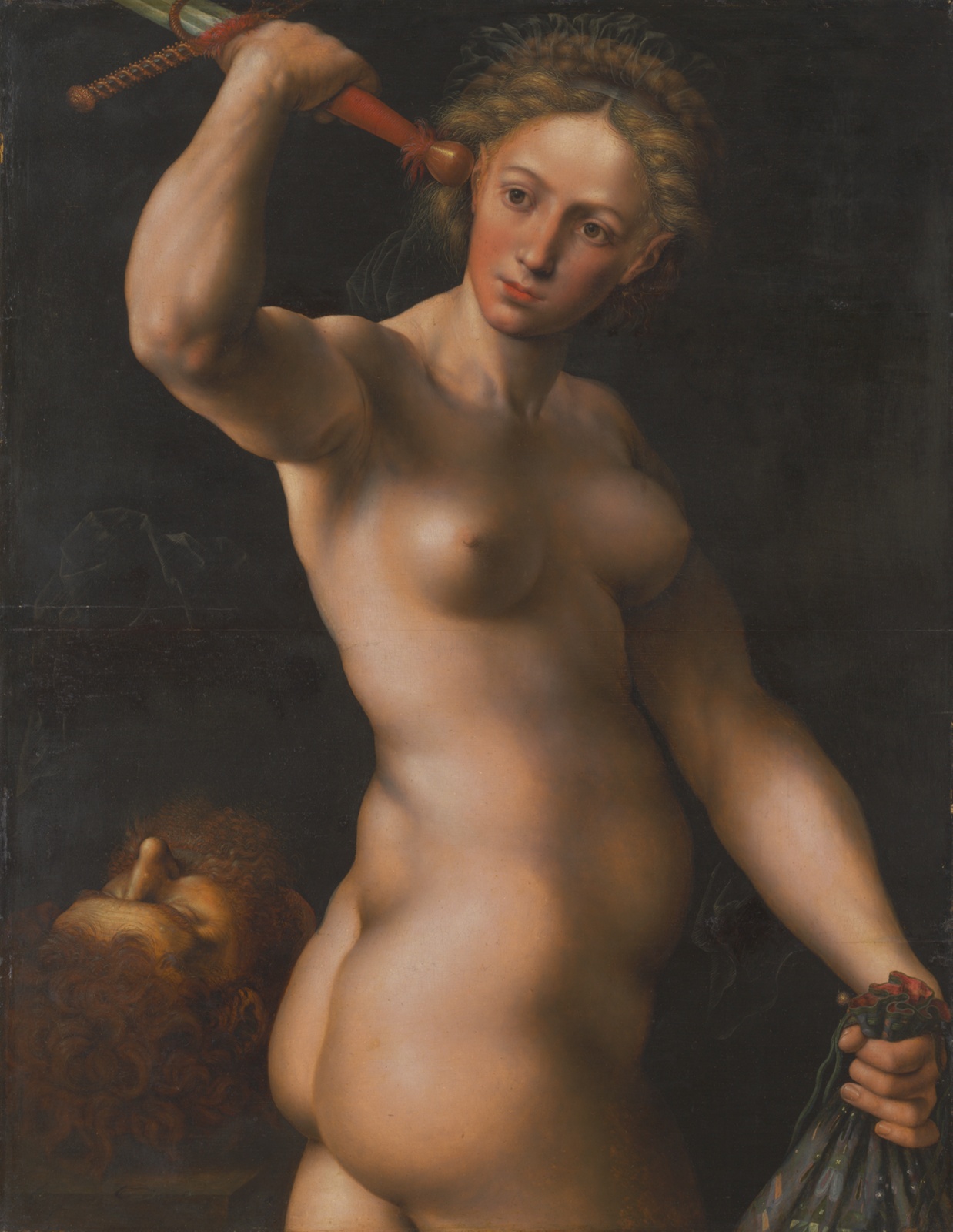 Painting of Judith, naked, holding sword, with head of Holophernes.