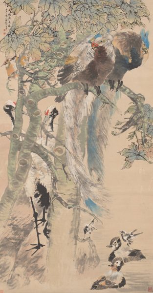 An hanging scroll with several birds in a large tree rendered in colored ink.